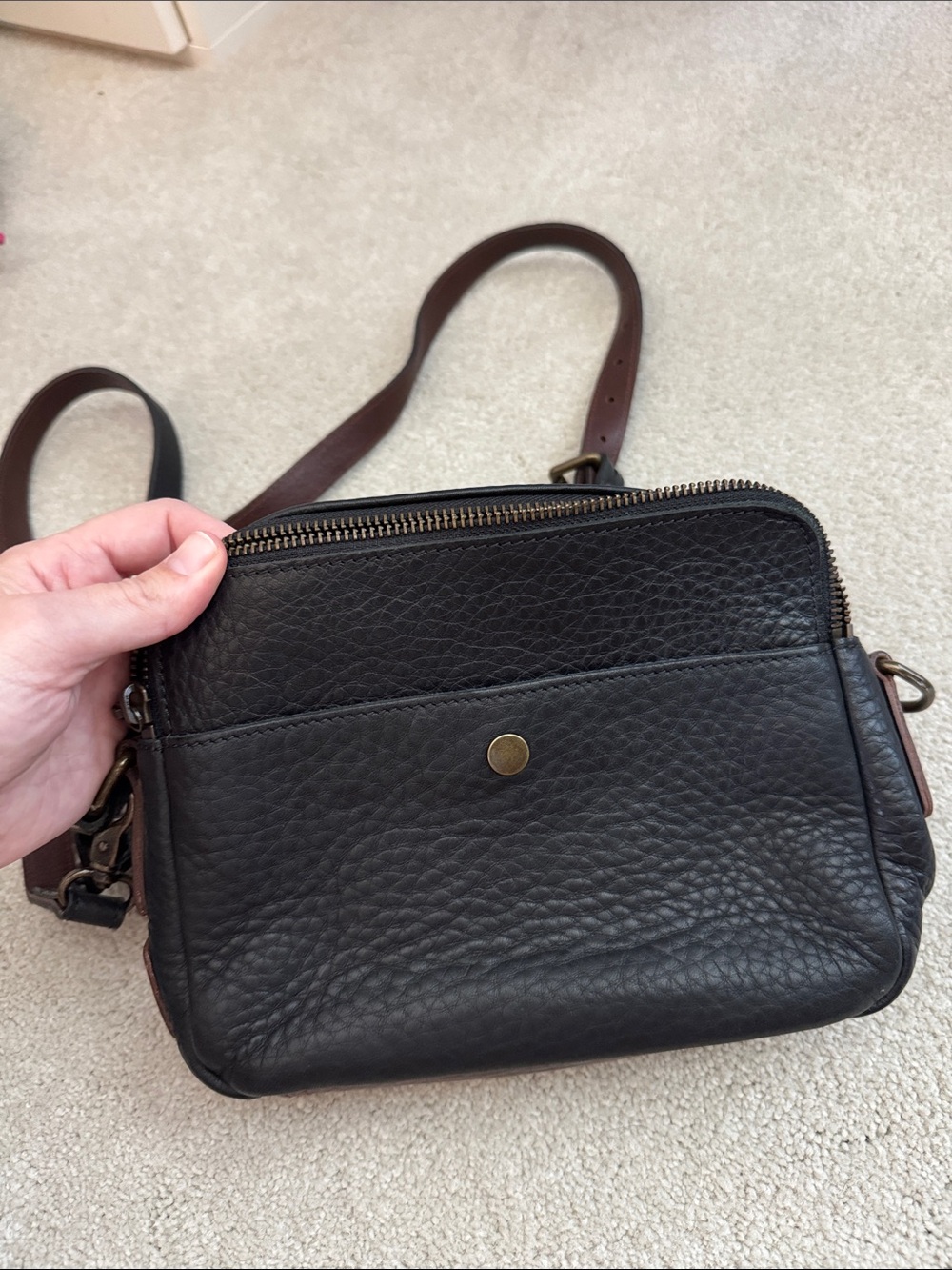 Will Leather Goods Black Pebbled Leather Crossbody with Brown Strap - Picture 2 of 6